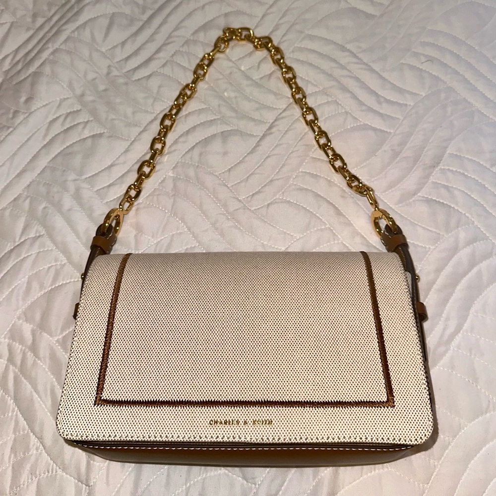 Charles & Keith canvas Beige and Brown Shoulder Bag with Gold Chain